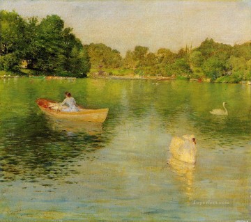 lake pond Painting - On the Lake Central Park William Merritt Chase